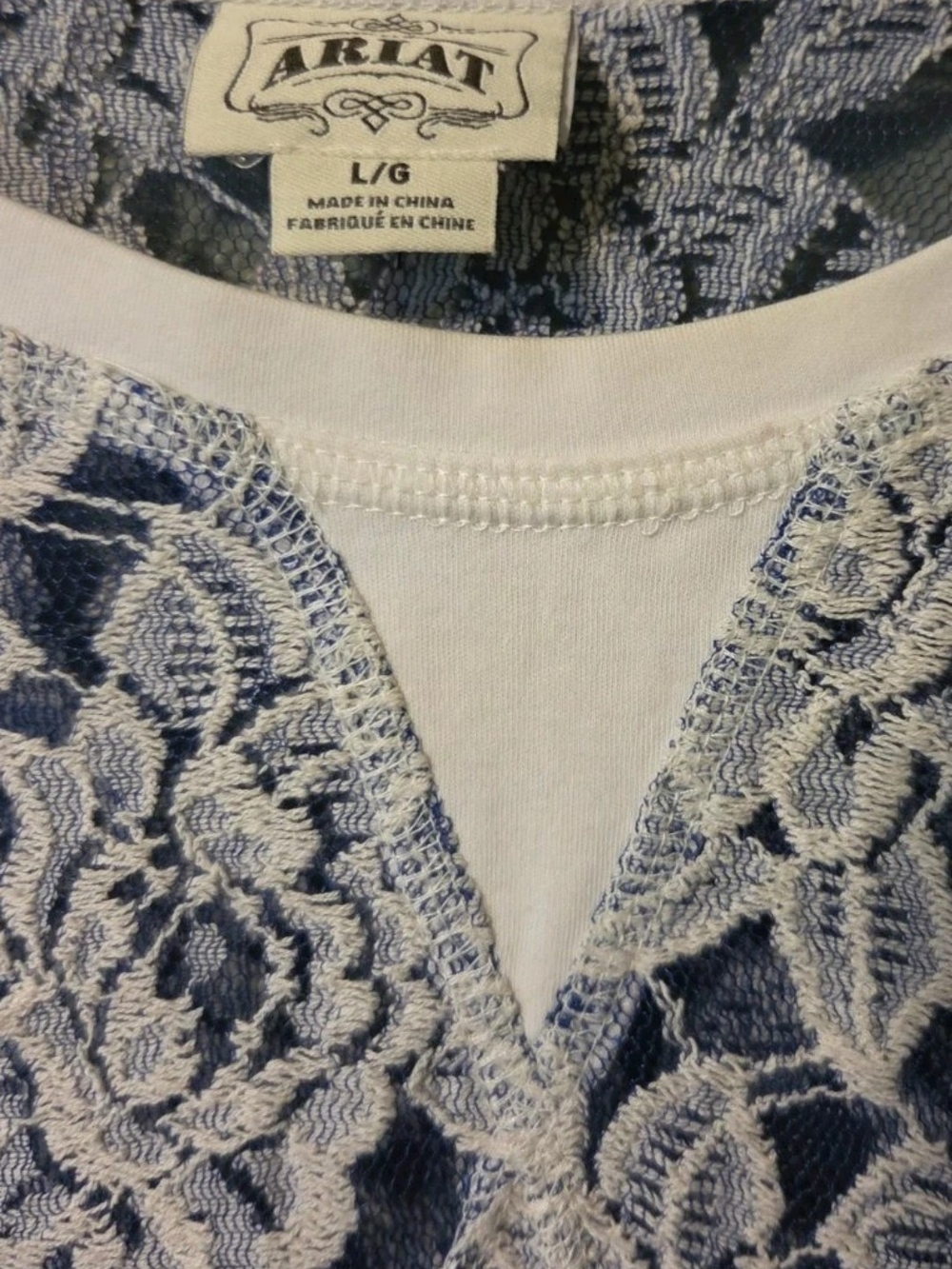 Ariat White Floral Lace Overlay Long Sleeve Top with Navy Underlay - Picture 2 of 4